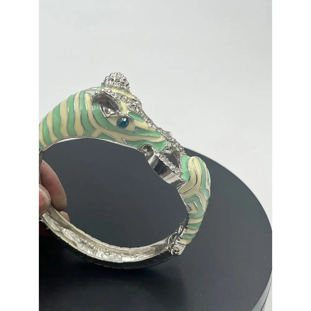 Mint and Cream Zebra with‎ Stripes Hinged Rhinestone Blue Eyes Bangle Bracelet
